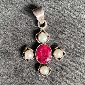 Elegant Silver cross pendant with  Ruby and cultured pearls
